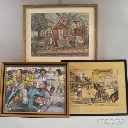 Three Framed Works: American School, 20th Century, Antiques Shop