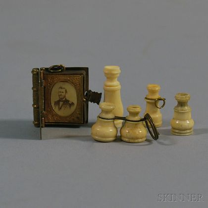 Four Stanhopes or Peep-eye Viewers, and a Miniature Brass Album with Photos of Lincoln and Civil War Figures