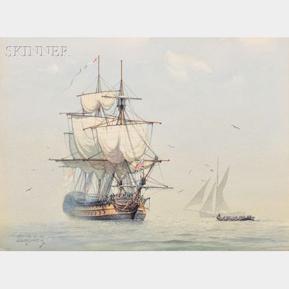 Derek George Montague Gardner (British, 1914-2007) "Drying her topsails"/His Britannic Majesty's Ship "WARRIOR" at anchor