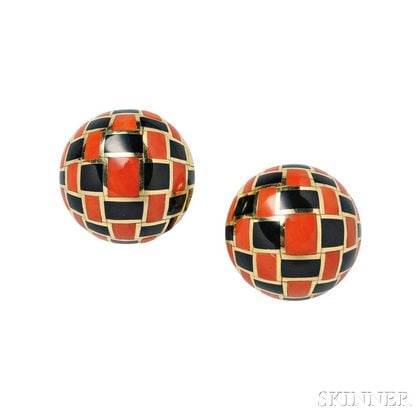 18kt Gold, Coral, and Black Jade Earrings, Tiffany & Co.