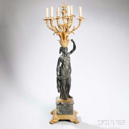French Empire Metal and Bronze Figural Six-light Candelabra