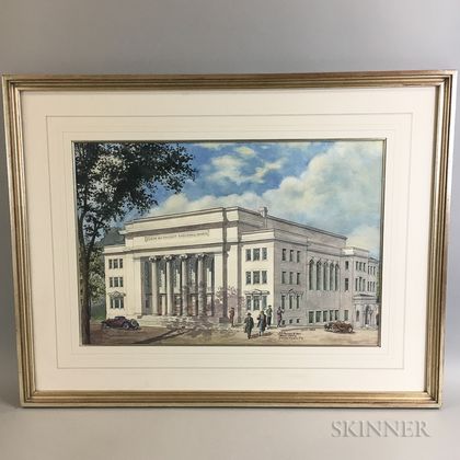 Framed Architectural Watercolor Rendering of a Church