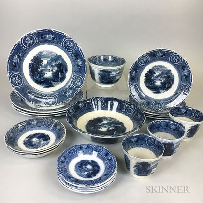 Twenty Pieces of Wedgwood Blue and White Transfer-decorated California-pattern Tableware. Estimate $200-300