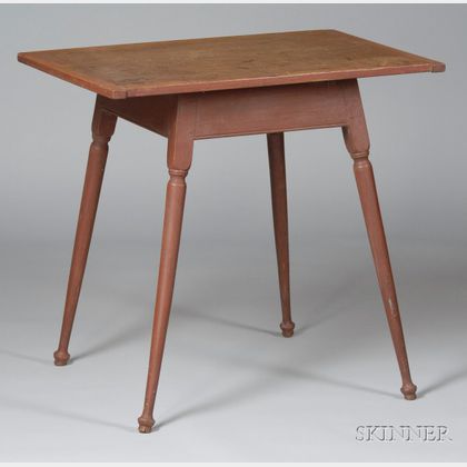 Red Painted Wooden Breadboard-top Table with Splayed Legs. 