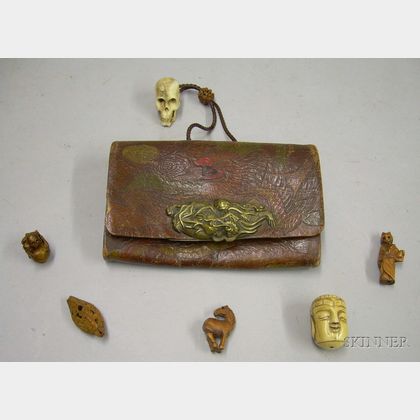 Asian Leather Tobacco Pouch and Five Assorted Netsuke