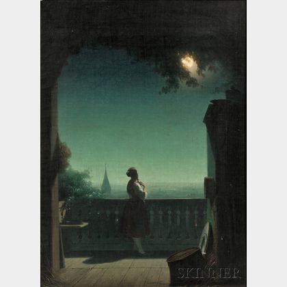 Continental School, 19th Century Woman in Moonlight on a Balcony