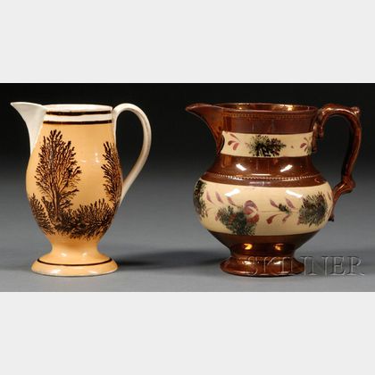 Copper Luster and Mocha Jug and Footed Pearlware Mocha Jug