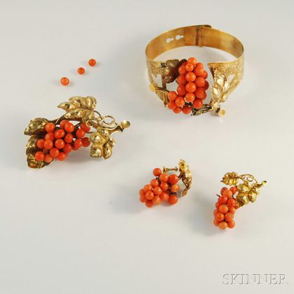 Antique 14kt Gold and Coral Bead Suite
