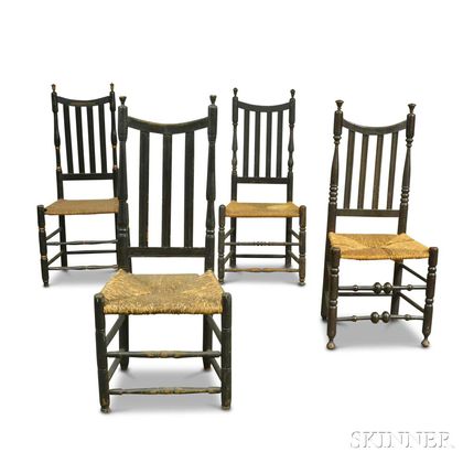 Assembled Set of Four Black-painted Bannister-back Side Chairs