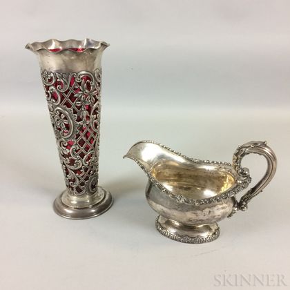 Gorham Monogrammed Sterling Silver and Cranberry Glass Vase and a Dominick & Haff Sauceboat