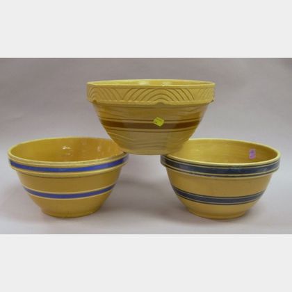 Three Banded Yellowware Mixing Bowls. 