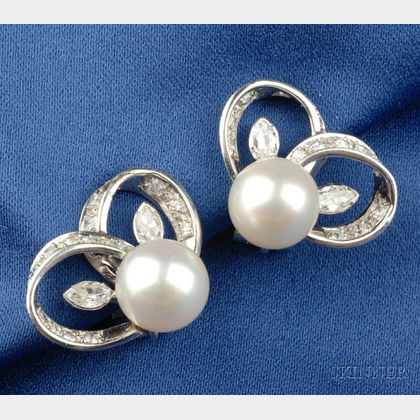 Platinum, Cultured Pearl and Diamond Earclips, Ostier