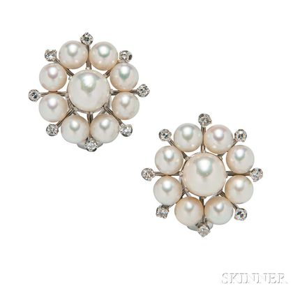 14kt Gold, Cultured Pearl, and Diamond Earrings