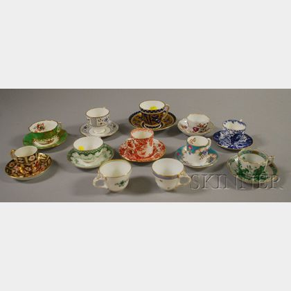 Twelve Assorted English and Continental Decorated Porcelain Cups and Ten Saucers. 