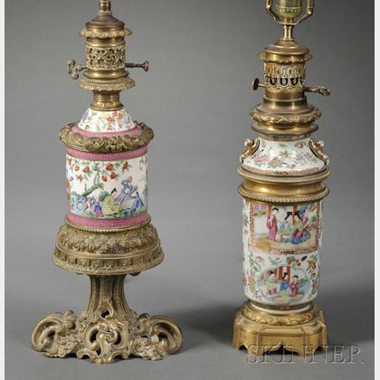 Two Rose Mandarin Porcelain Metal-mounted Lamp Bases