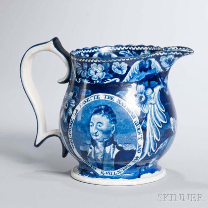 Staffordshire Historical Blue Transfer-decorated La Fayette the Nation's Guest Pitcher