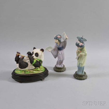 Two Lladro Ceramic Geisha Figures and a Boehm Panda
