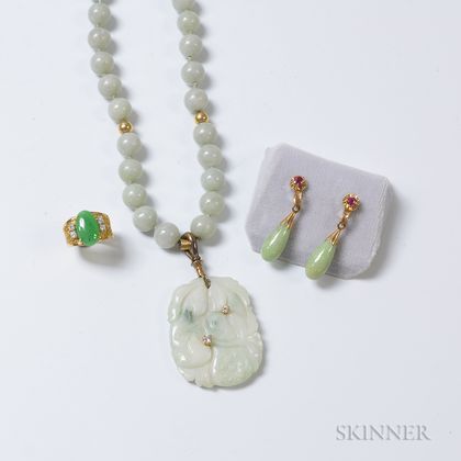 Jadeite Beaded Necklace with Diamond-set Pendant, Pair of 14kt Gold, Jadeite and Ruby Earrings, and a Hardstone Ring