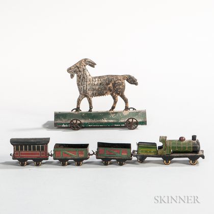 Miniature Lithographed Tin Toy Train and Tin Billy Goat Pull Toy