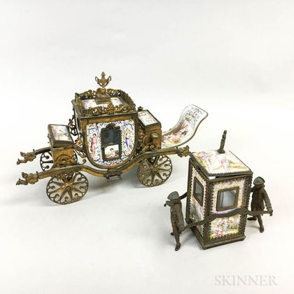 French Enameled Brass Sedan Chair and Carriage-form Cigarette and Match Holder