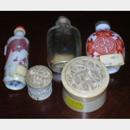 Three Asian Glass and Porcelain Snuff Bottles and Two Small Chinese Carved Ivory Boxes. 