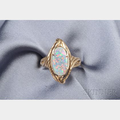 Art Nouveau 14kt Gold and Black Opal Ring