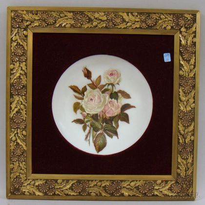 Late Victorian Gilt-gesso Framed Hand-painted Rose Decorated Bristol Glass Charger