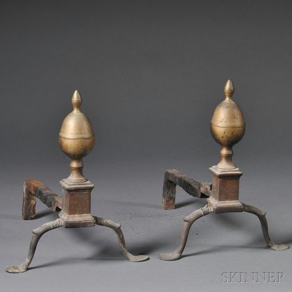 Pair of Engraved Brass and Iron Lemon-top Andirons
