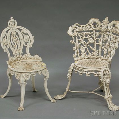 Two White-painted Rococo-style Cast Iron Garden Chairs. Estimate $300-500