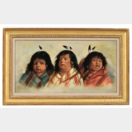 Peterson, C., (fl. circa 1890) Three of a Kind , Native American Indian Girls Depicted as Cherubs, Oil on Canvas, c. 1890.