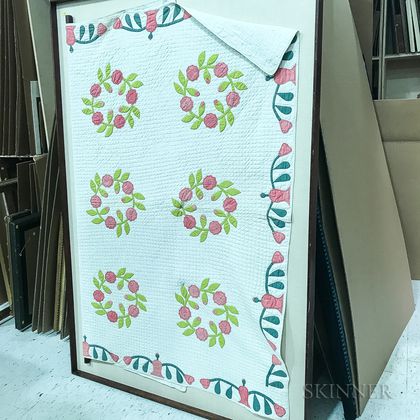 Framed Floral Appliqued Cotton Quilt