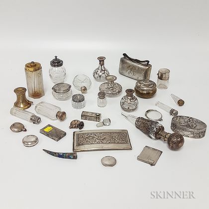 Group of Silver Boxes, Cut Glass Perfumes and Accessories