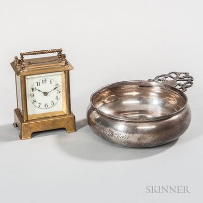 Silver-plated Porringer and a Small Waterbury Carriage Clock