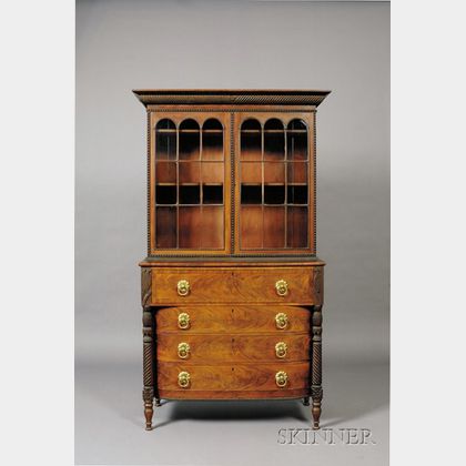 Classical Mahogany Carved and Mahogany Veneer Glazed Desk Bookcase