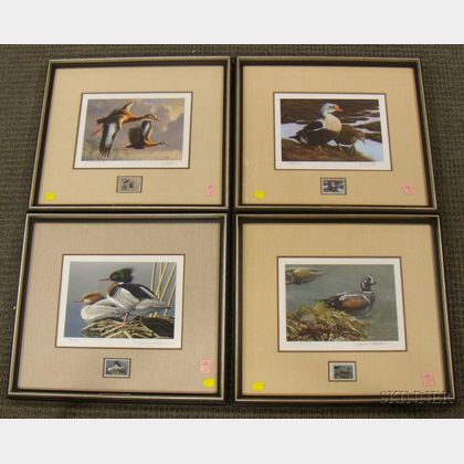 Three Framed Federal and One Washington State Duck Stamp Prints with Stamps