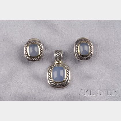 Sterling Silver, 14kt Gold, and Blue Chalcedony Earclips and Pendant, David Yurman