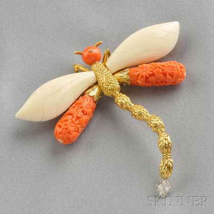 18kt Gold, Coral, and Diamond Dragonfly Brooch, Wander