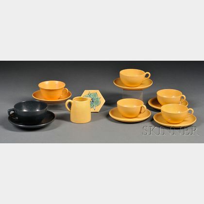 Six S.E.G. Cups and Saucers, Small Pitcher, and a Tile