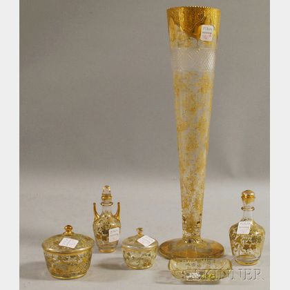 Five-piece Austrian Gilt and Enameled Colorless Glass Partial Vanity Set and a Tall Gilt Enameled Colorless Cut Glass Trumpet Vase