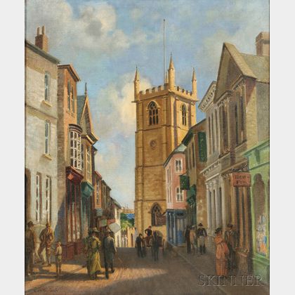 Charles H.H. Burleigh (British, 1875-1956) Town Street View with Church Tower