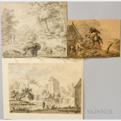 Continental School, 18th/19th Century Three Landscape Drawings with Figures: Rearing Horse and Rider, Mother and Child by a River Bank