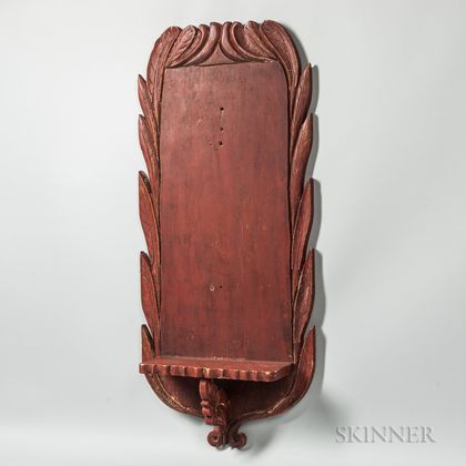 Red-painted Foliate- and Scroll-carved Pine Clock Shelf