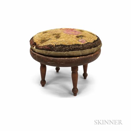 Country Red-painted Turned Pine Stool with Hooked Cushion. Estimate $20-200