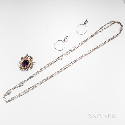 Silver, Gold, and Amethyst Renaissance Revival Brooch, a Pair of Danish Hoop Earclips, and an Art Nouveau Long Silver and Enamel Chain