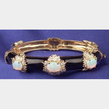 14kt Gold, Opal, Diamond, and Black Enamel Bracelet
