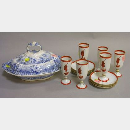 Set of Six Joseph Heinrich Devil Transfer Decorated Porcelain Cups and Saucers, and an English Blue and White Transfer Decorated Staffo