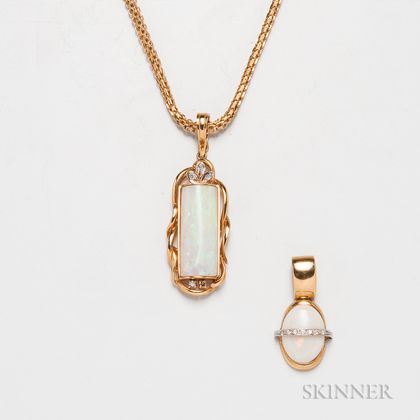 Two 14kt Gold, Opal, and Diamond Pendants