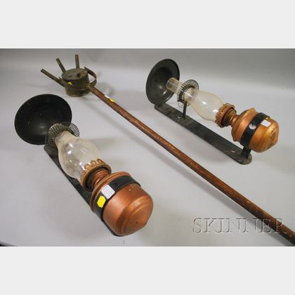Pair of Dressler Metal Kerosene Wall Sconces and a Tin Three-Light Gimbal Lamp on Wooden Handle