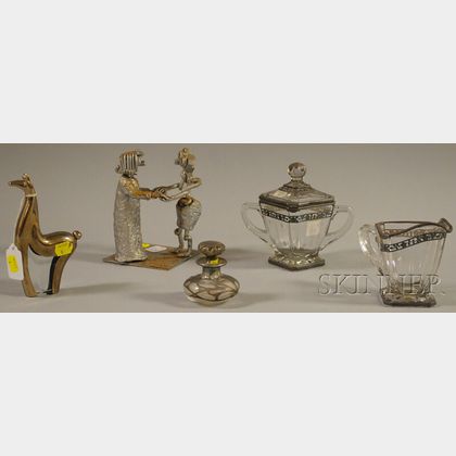 Five Silver Overlay Glass Items and a Metal Sculpture