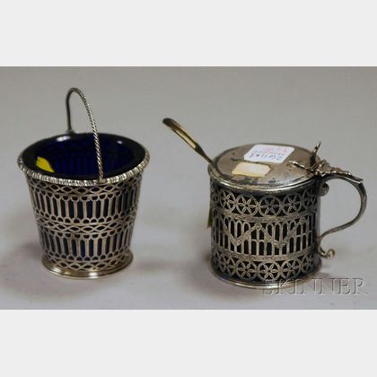 Two Small Reticulated English Silver Cobalt Glass-lined Table Articles
